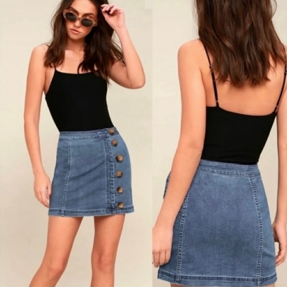 Free People| Little Daisies Denim Button Front Mini Skirt